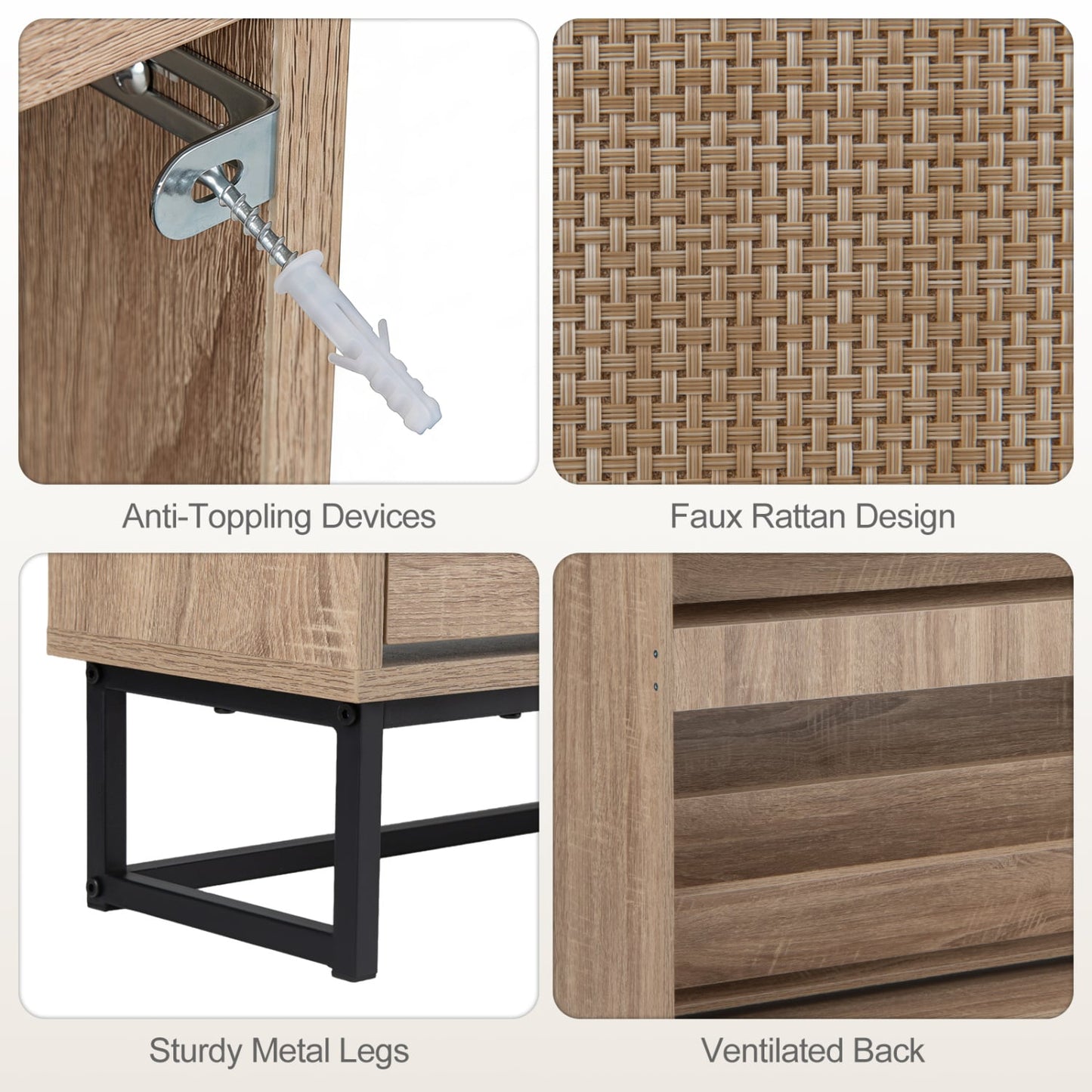 Narrow Shoe Storage Cabinet, 2 Flip Drawers, Adjustable Shelves, Natural