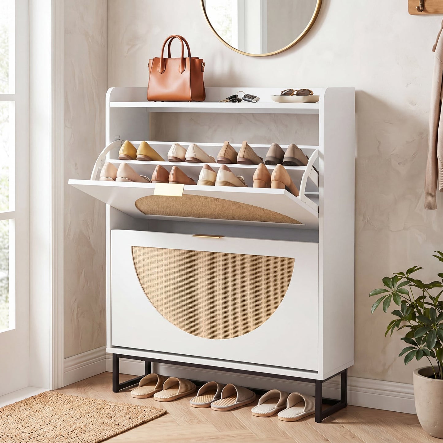 Narrow Shoe Storage Cabinet with 2 Flip Drawers and Adjustable Shelves, White
