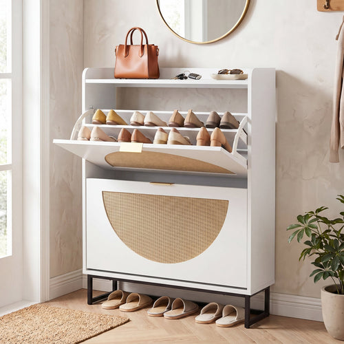 Narrow Shoe Storage Cabinet with 2 Flip Drawers and Adjustable Shelves, White