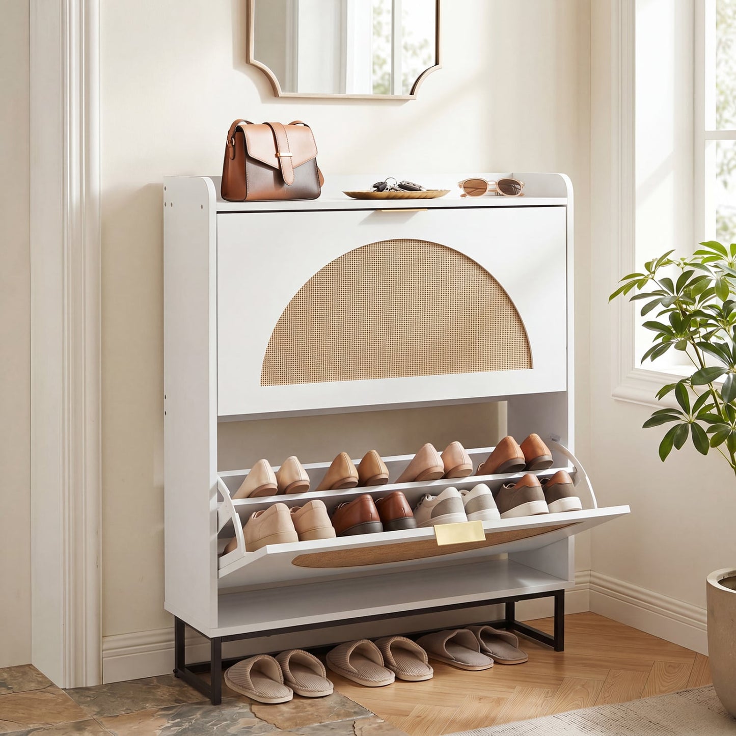 Narrow Shoe Storage Cabinet with 2 Flip Drawers and Adjustable Shelves, White