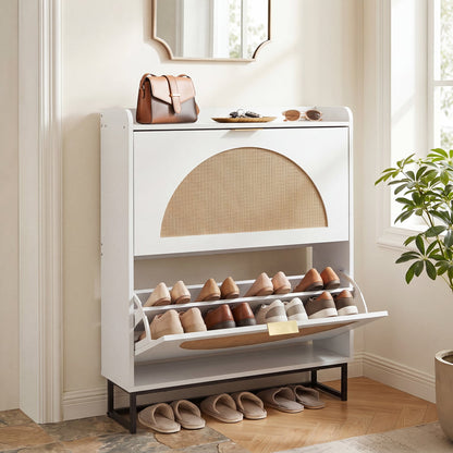 Narrow Shoe Storage Cabinet with 2 Flip Drawers and Adjustable Shelves, White