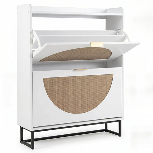 Narrow Shoe Storage Cabinet with 2 Flip Drawers and Adjustable Shelves, White