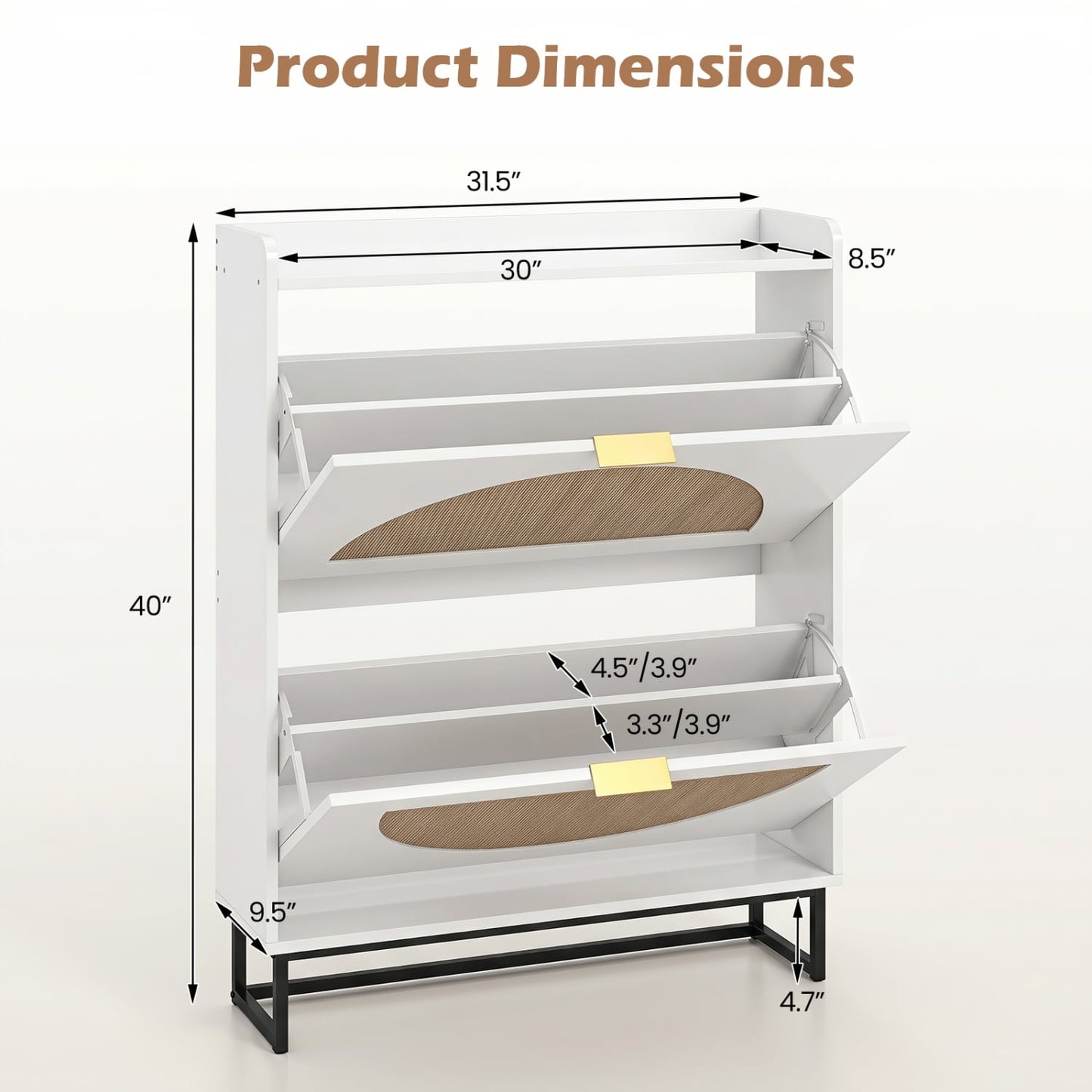 Narrow Shoe Storage Cabinet with 2 Flip Drawers and Adjustable Shelves, White