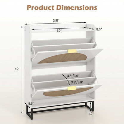 Narrow Shoe Storage Cabinet with 2 Flip Drawers and Adjustable Shelves, White