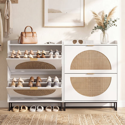 Narrow Shoe Storage Cabinet with 2 Flip Drawers and Adjustable Shelves, White