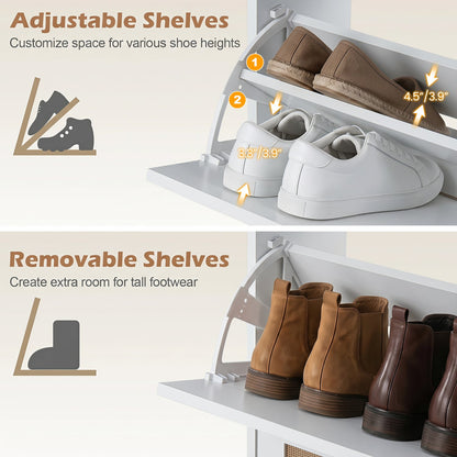 Narrow Shoe Storage Cabinet with 2 Flip Drawers and Adjustable Shelves, White