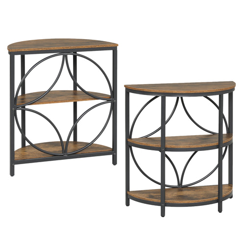 Narrow Side Table, Metal Frame, Storage Shelves, Rustic Brown