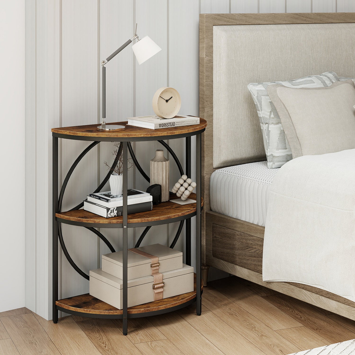 Narrow Side Table, Metal Frame, Storage Shelves, Rustic Brown End & Side Tables at Gallery Canada