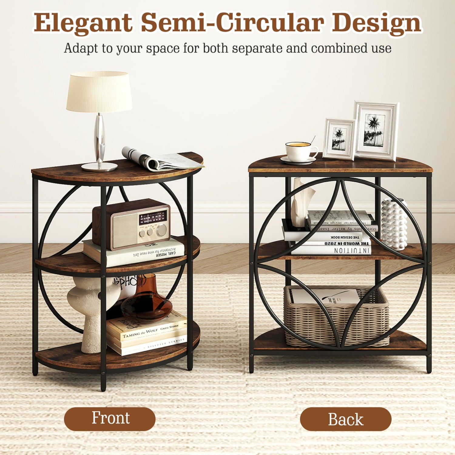 Narrow Side Table, Metal Frame, Storage Shelves, Rustic Brown End & Side Tables at Gallery Canada