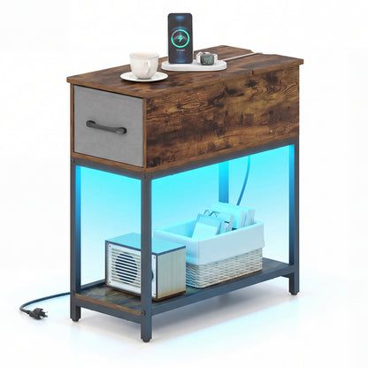 Narrow Side Table With Charging Station, LED Lights, Industrial End Table, Brown