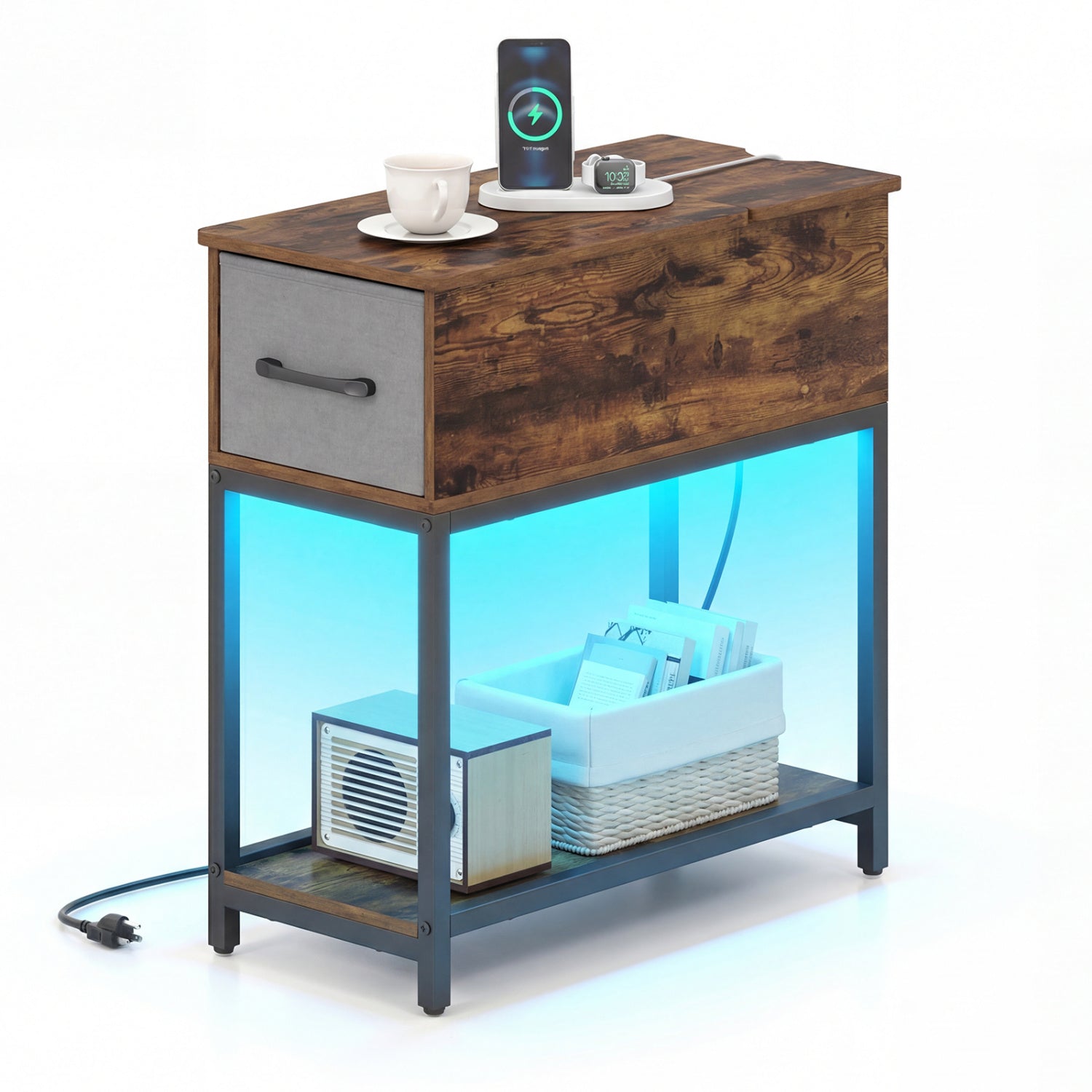 Narrow Side Table With Charging Station, LED Lights, Industrial End Table, Brown End & Side Tables Brown at Gallery Canada
