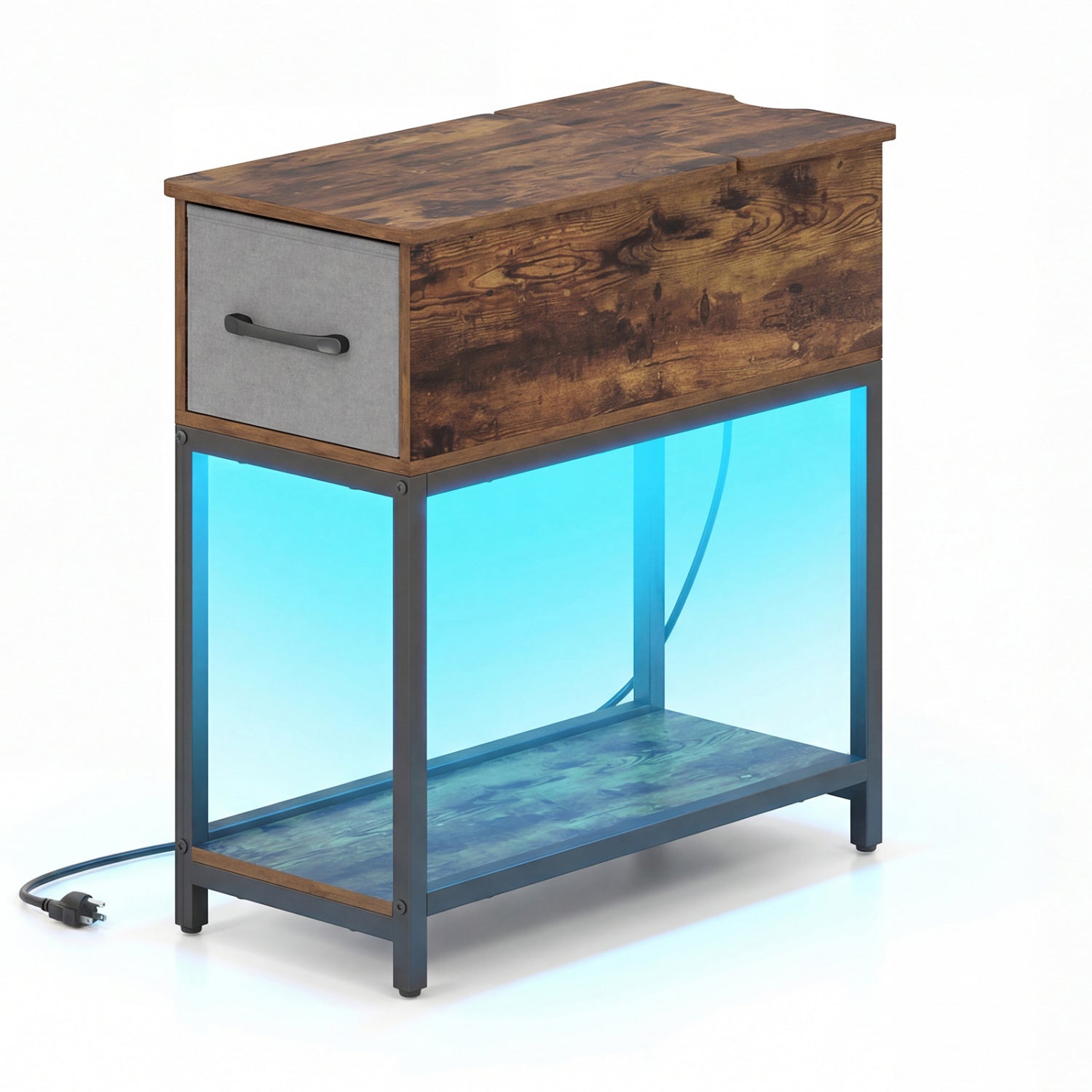 Narrow Side Table With Charging Station, LED Lights, Industrial End Table, Brown End & Side Tables at Gallery Canada