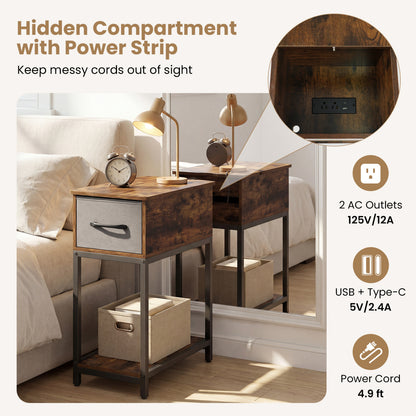 Narrow Side Table With Charging Station, LED Lights, Industrial End Table, Brown End & Side Tables at Gallery Canada