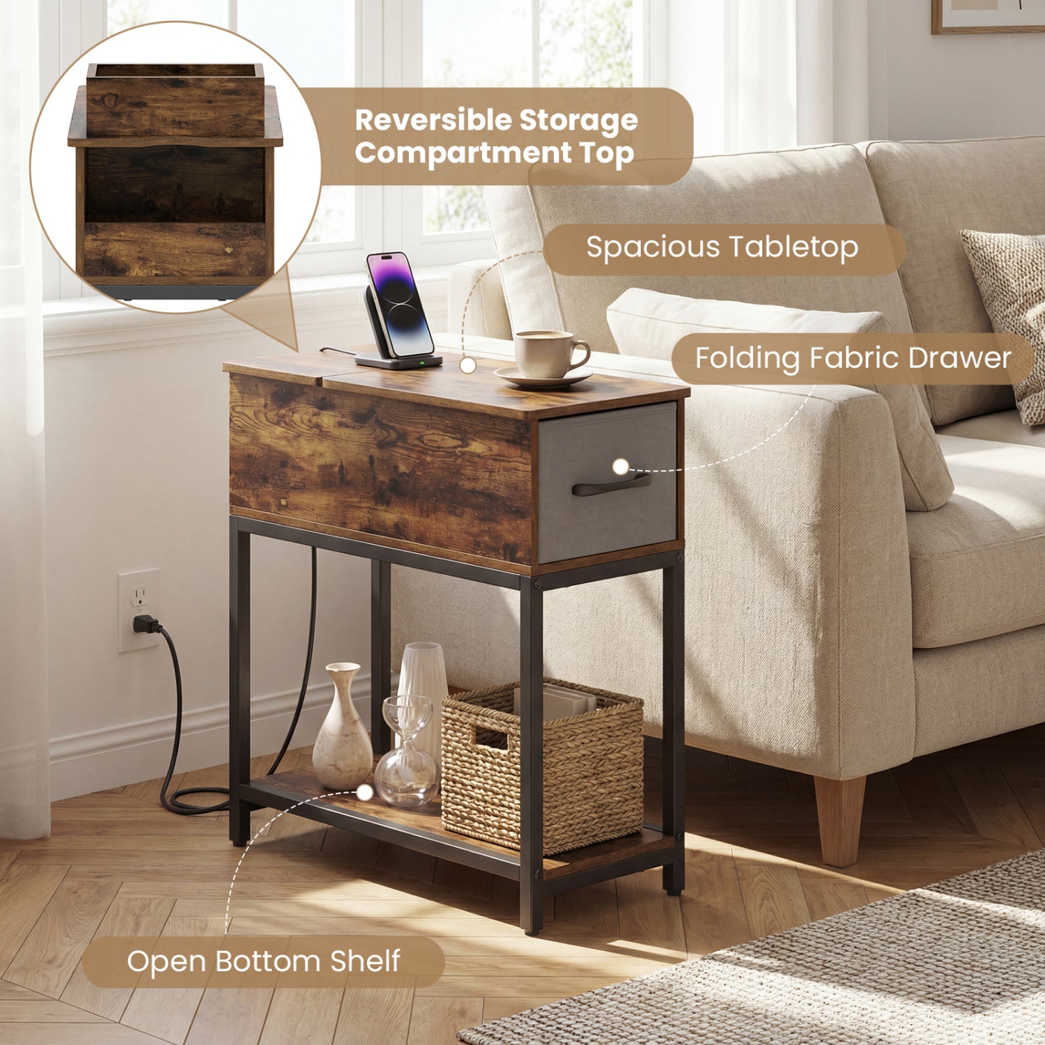 Narrow Side Table With Charging Station, LED Lights, Industrial End Table, Brown End & Side Tables at Gallery Canada