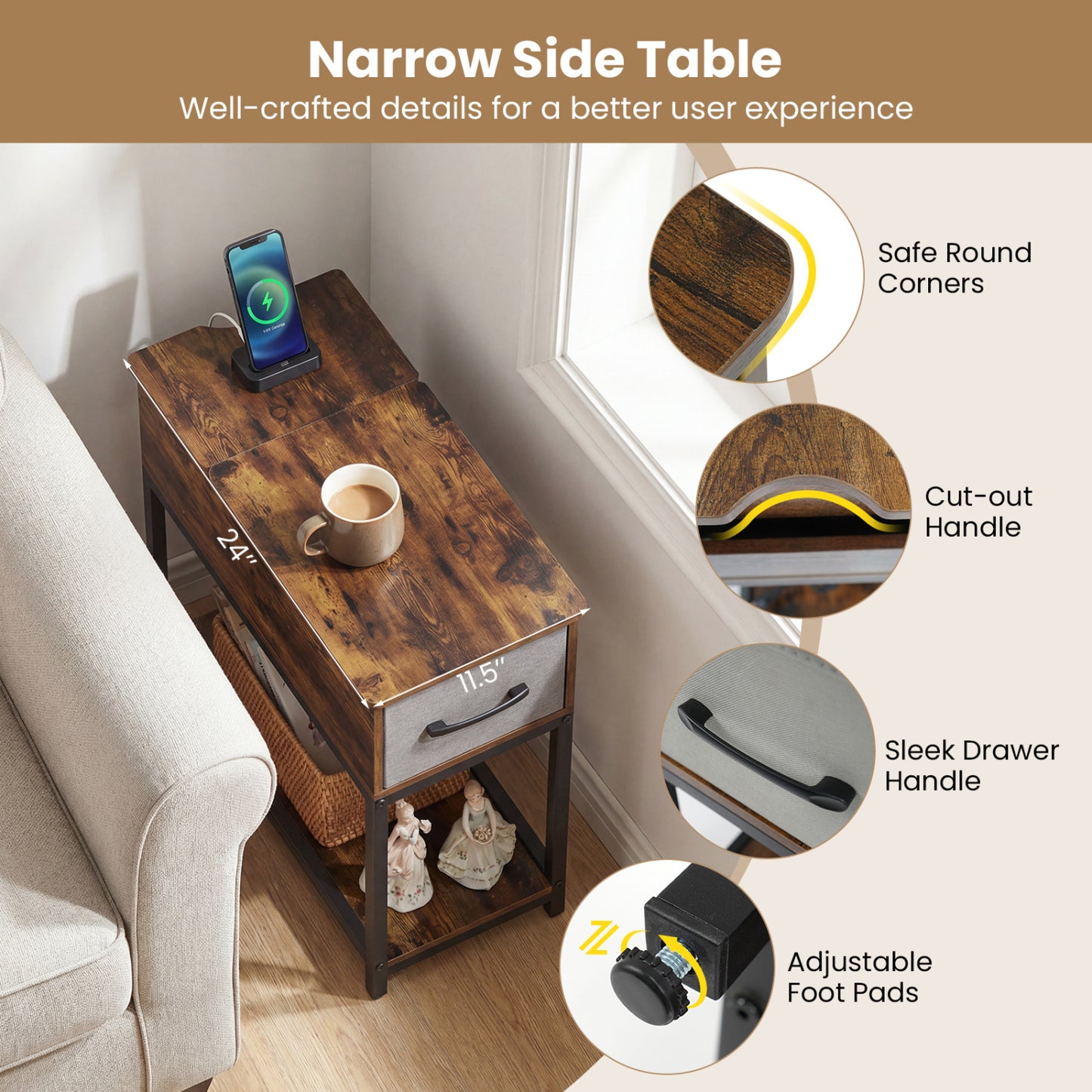 Narrow Side Table With Charging Station, LED Lights, Industrial End Table, Brown End & Side Tables at Gallery Canada