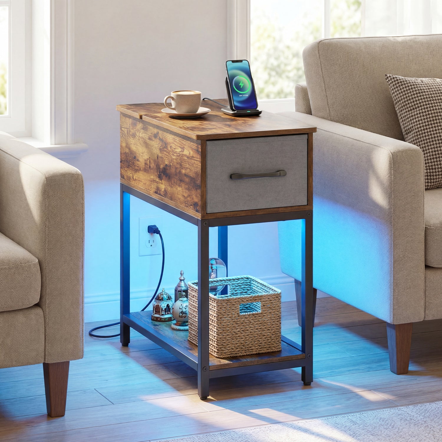 Narrow Side Table With Charging Station, LED Lights, Industrial End Table, Brown End & Side Tables at Gallery Canada