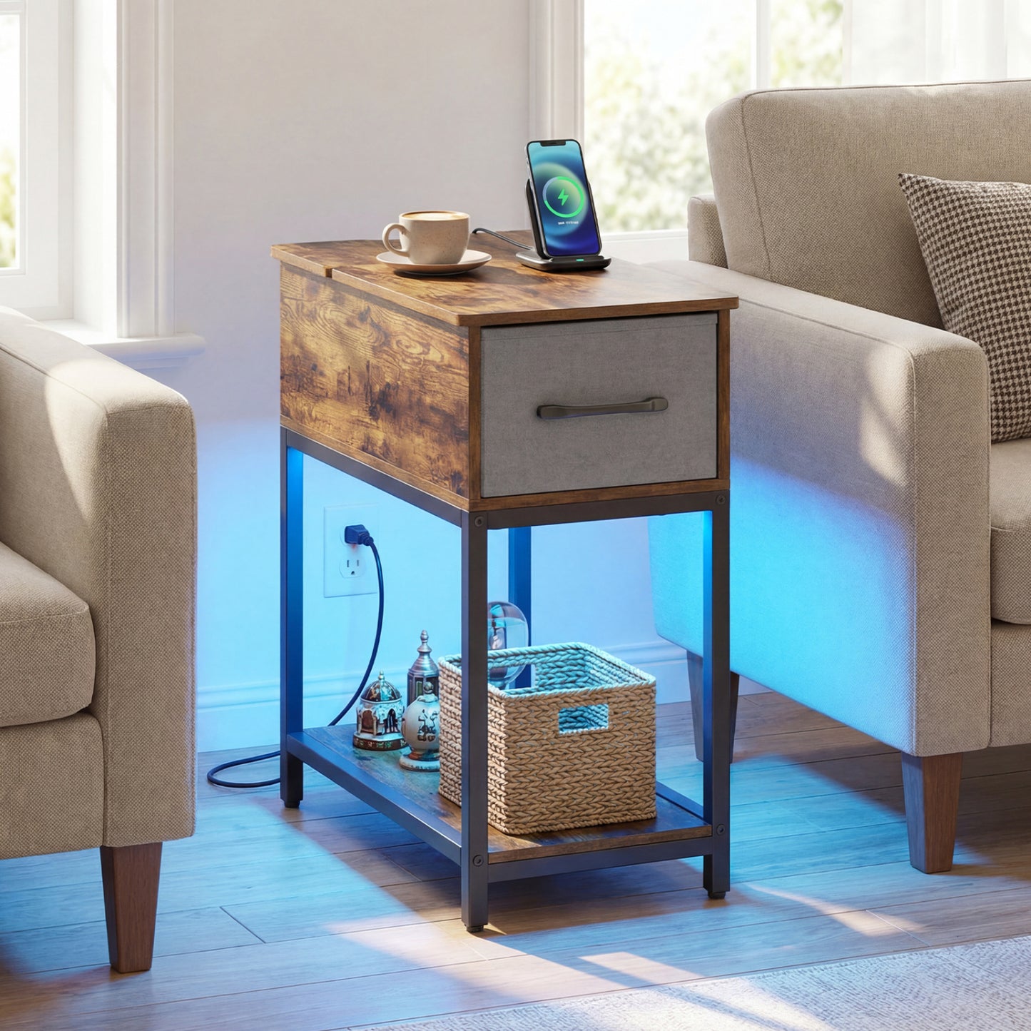 Narrow Side Table With Charging Station, LED Lights, Industrial End Table, Brown End & Side Tables at Gallery Canada