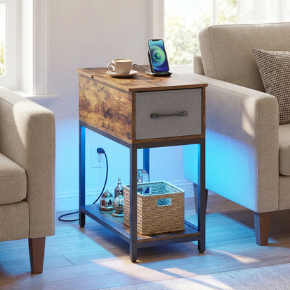Narrow Side Table With Charging Station, LED Lights, Industrial End Table, Brown End & Side Tables at Gallery Canada