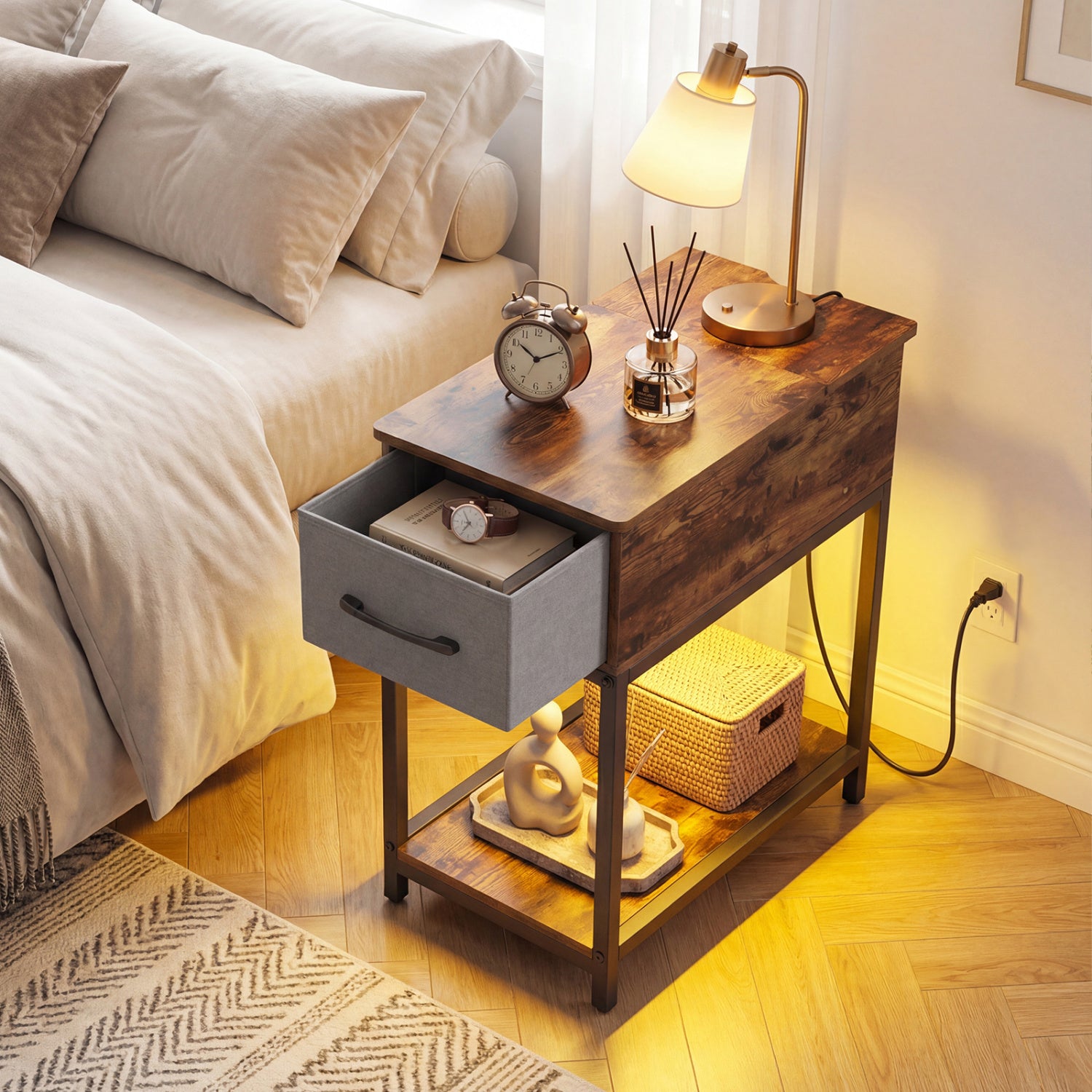 Narrow Side Table With Charging Station, LED Lights, Industrial End Table, Brown End & Side Tables at Gallery Canada