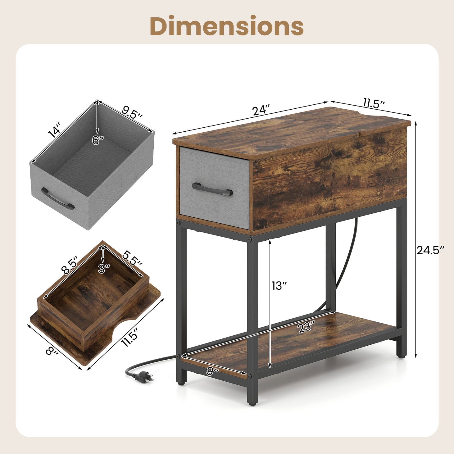 Narrow Side Table With Charging Station, LED Lights, Industrial End Table, Brown End & Side Tables at Gallery Canada