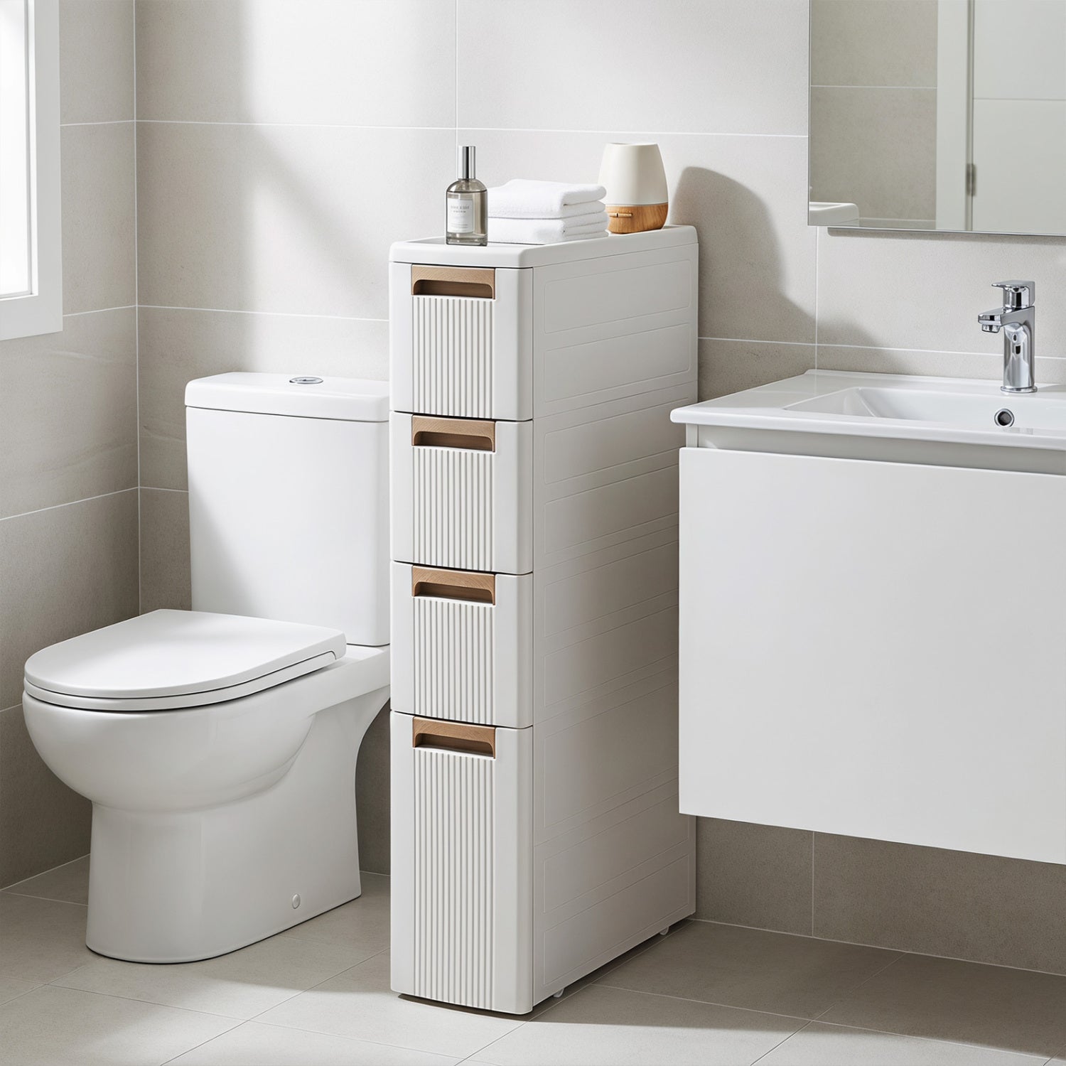 Narrow Storage Cabinet With Drawers, M, Beige Floor Cabinets at Gallery Canada