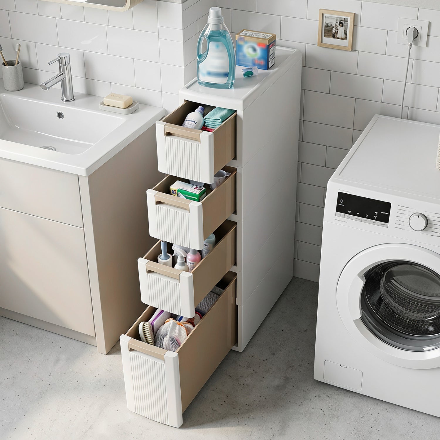 Narrow Storage Cabinet With Drawers, M, Beige Floor Cabinets at Gallery Canada