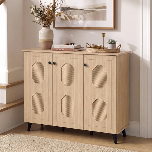 Natural Shoe Cabinet 3 Doors Freestanding Storage Unit Entryway Shoe Racks & Storage Benches Natural at Gallery Canada