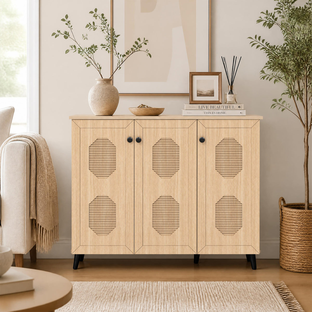 Shoe Cabinet, 3 Doors, Closed Footwear Storage Unit, Natural