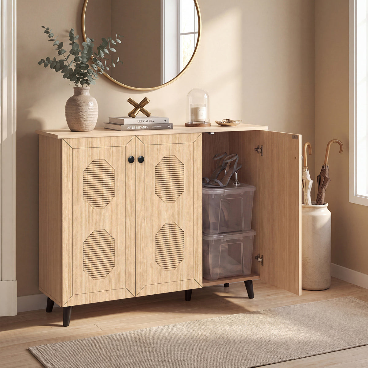 Shoe Cabinet, 3 Doors, Closed Footwear Storage Unit, Natural