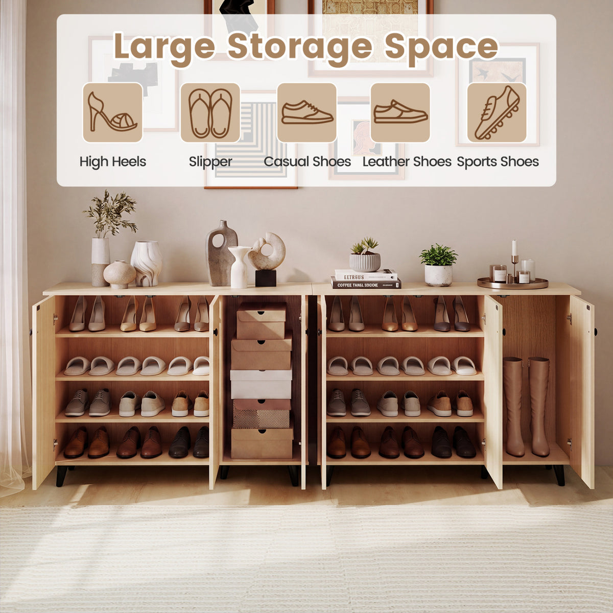 Shoe Cabinet, 3 Doors, Closed Footwear Storage Unit, Natural