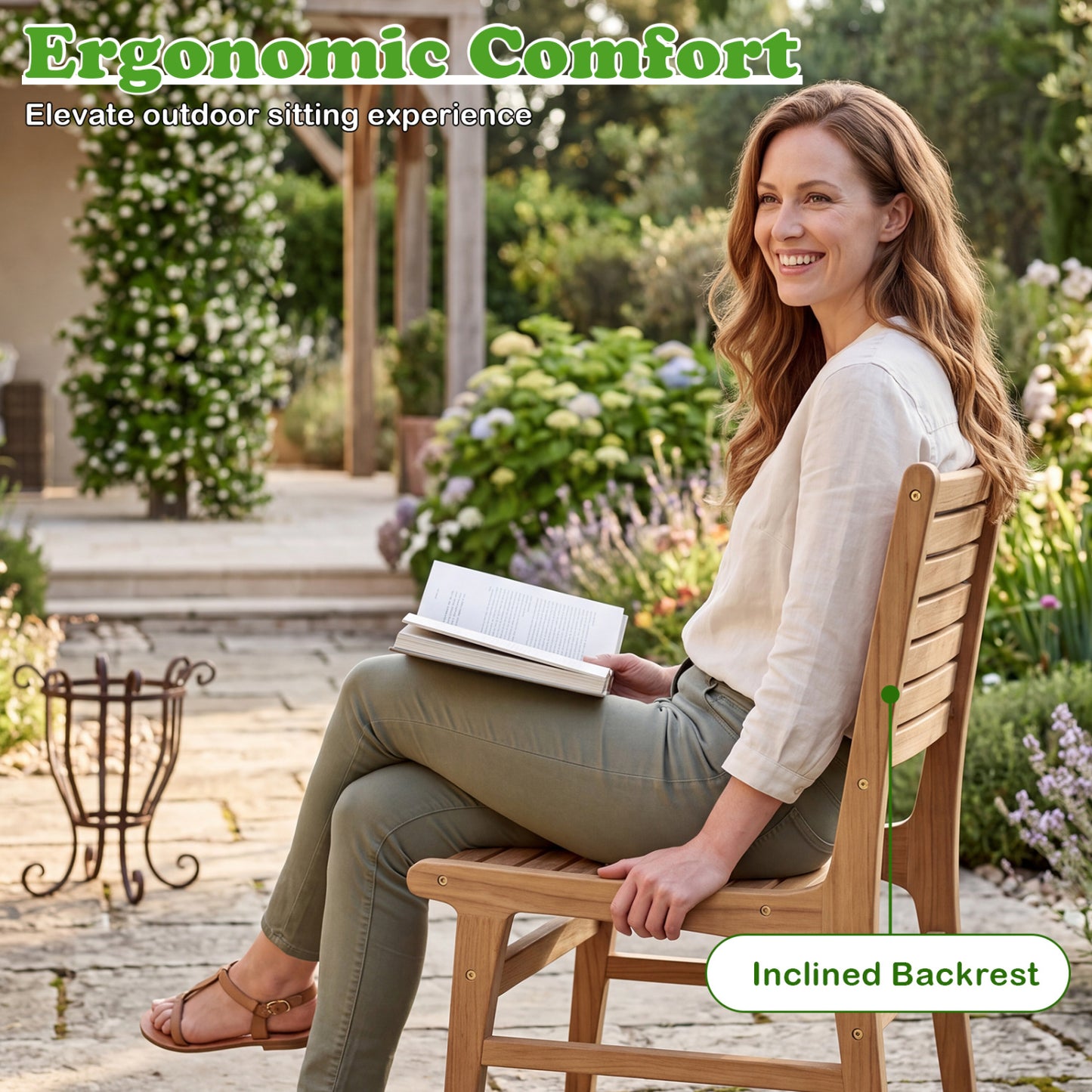 Natural Wood Armless Patio Chair with Slanted Back and Slatted Seat Patio Dining Chairs at Gallery Canada