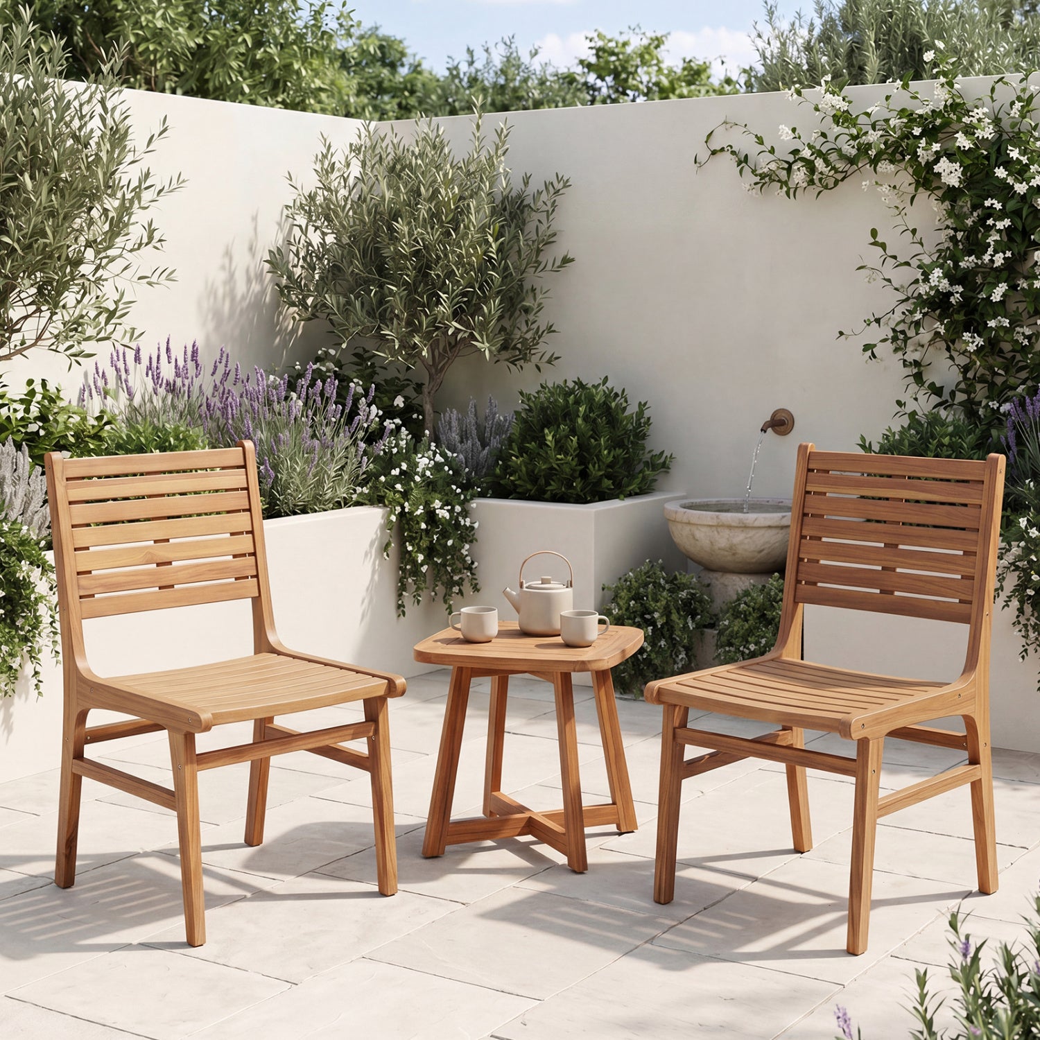 Natural Wood Armless Patio Chair with Slanted Back and Slatted Seat Patio Dining Chairs at Gallery Canada