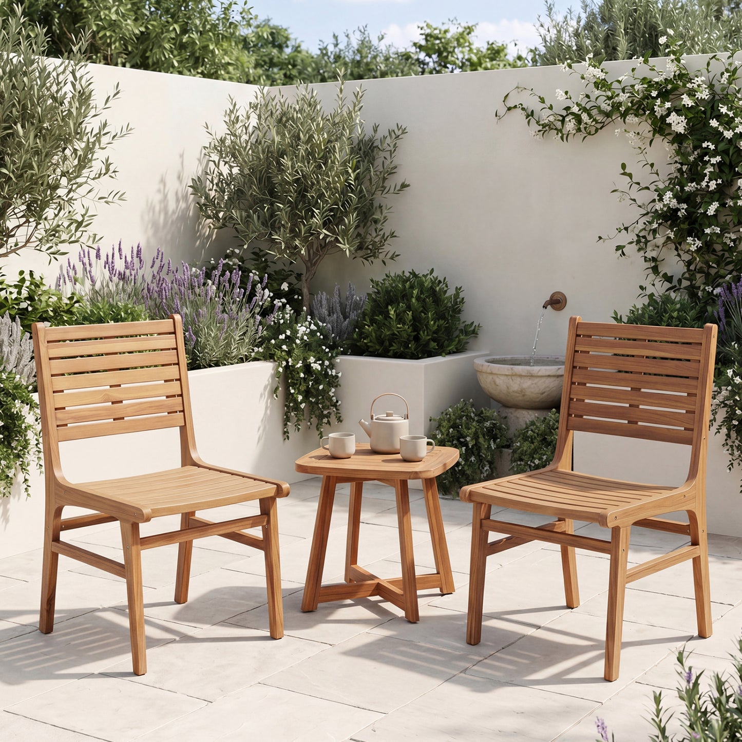 Natural Wood Armless Patio Chair with Slanted Back and Slatted Seat Patio Dining Chairs at Gallery Canada