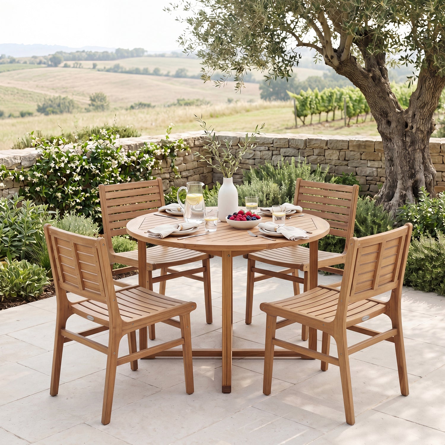 Natural Wood Armless Patio Chair with Slanted Back and Slatted Seat Patio Dining Chairs at Gallery Canada