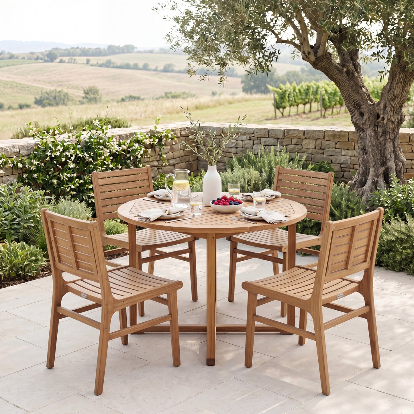 Natural Wood Armless Patio Chair with Slanted Back and Slatted Seat Patio Dining Chairs at Gallery Canada