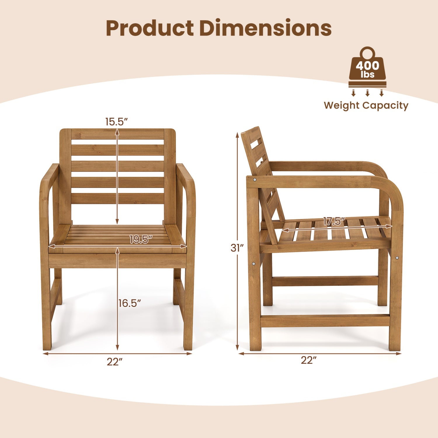 Natural Wood Patio Armchair with Slanted Back and Slatted Seat Patio Dining Chairs at Gallery Canada