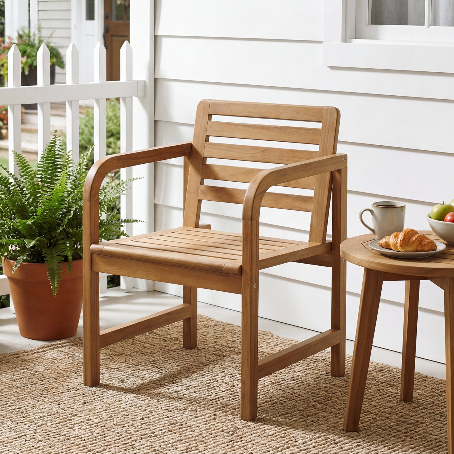 Natural Wood Patio Armchair with Slanted Back and Slatted Seat Patio Dining Chairs at Gallery Canada