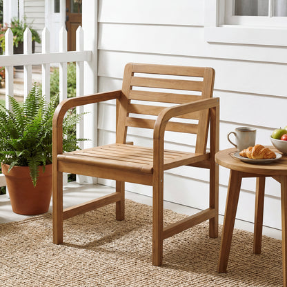 Natural Wood Patio Armchair with Slanted Back and Slatted Seat Patio Dining Chairs at Gallery Canada