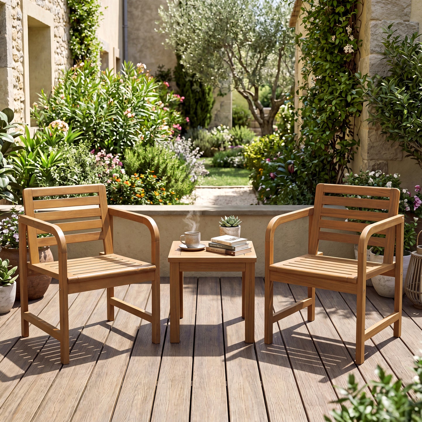 Natural Wood Patio Armchair with Slanted Back and Slatted Seat Patio Dining Chairs at Gallery Canada