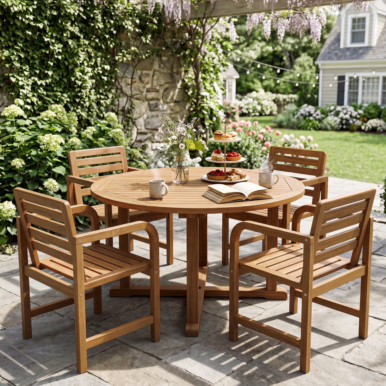 Natural Wood Patio Armchair with Slanted Back and Slatted Seat Patio Dining Chairs at Gallery Canada