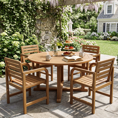 Natural Wood Patio Armchair with Slanted Back and Slatted Seat Patio Dining Chairs at Gallery Canada