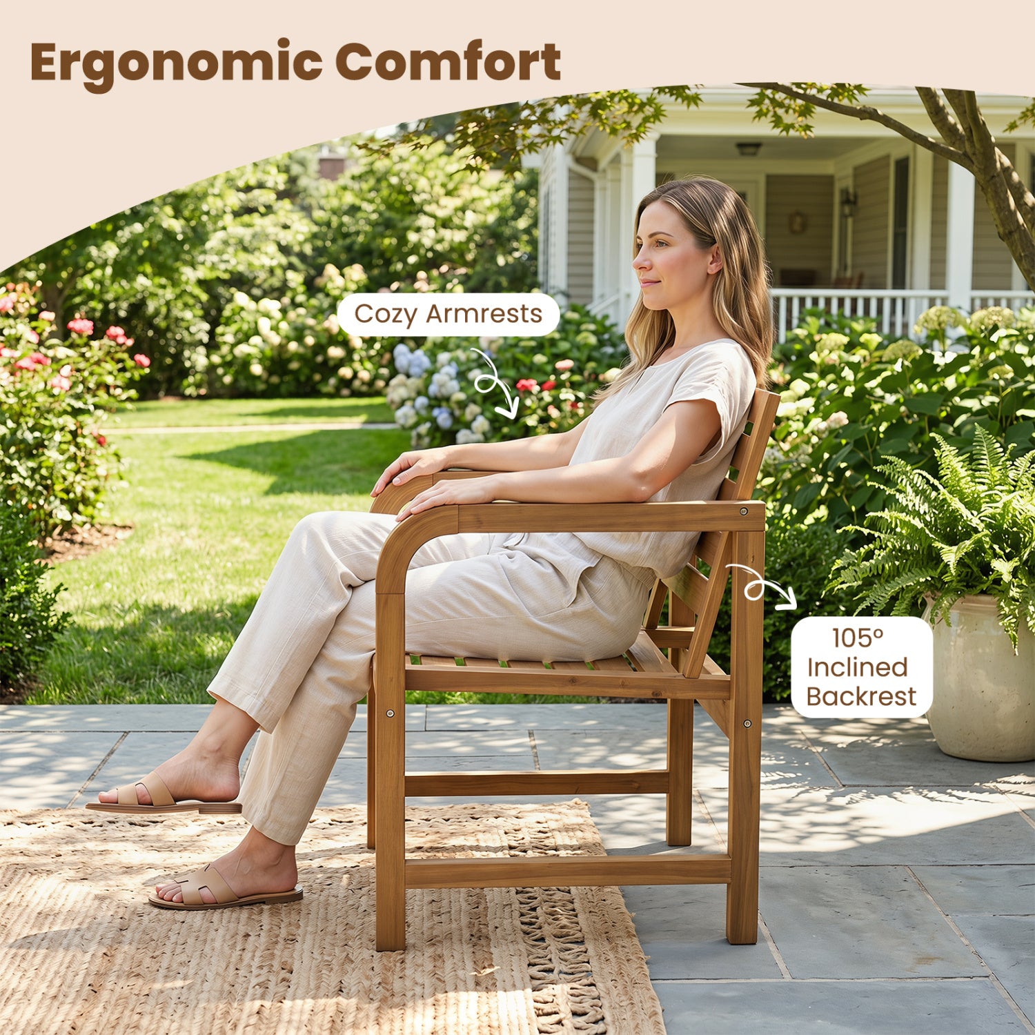 Natural Wood Patio Armchair with Slanted Back and Slatted Seat Patio Dining Chairs at Gallery Canada