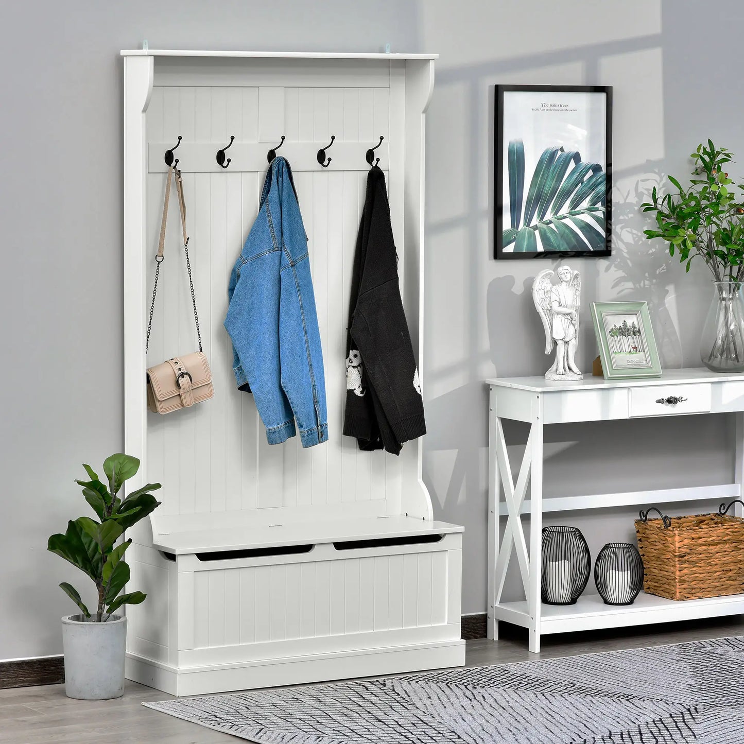 3-In-1 Hall Tree, Coat Rack, Shoe Storage, Bench Seat, White