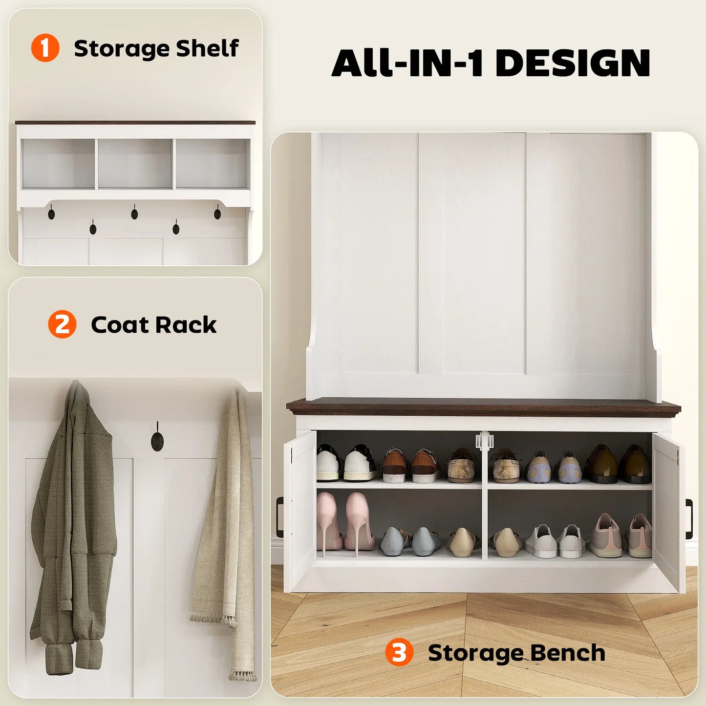 3-in-1 Hall Tree, Bench, Coat Rack with Shoe Storage, White Wood Grain, White Clothing Storage at Gallery Canada