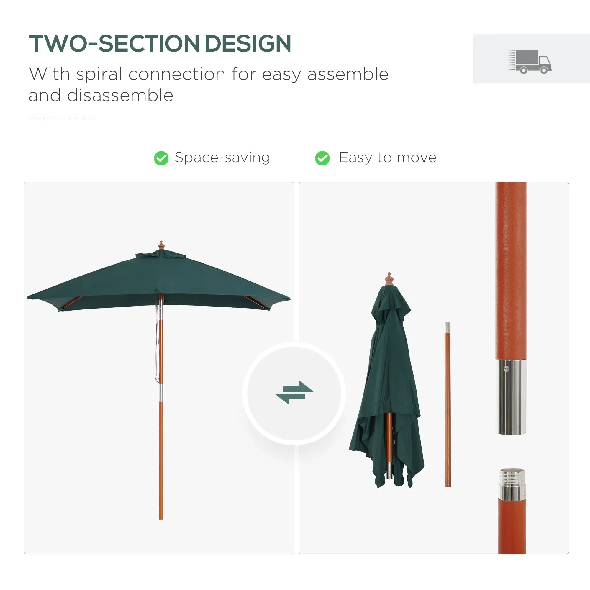 6.6x5ft Square Wooden Patio Umbrella, Tilt Mechanism, 6 Bamboo Ribs, Green Sun Umbrellas at Gallery Canada