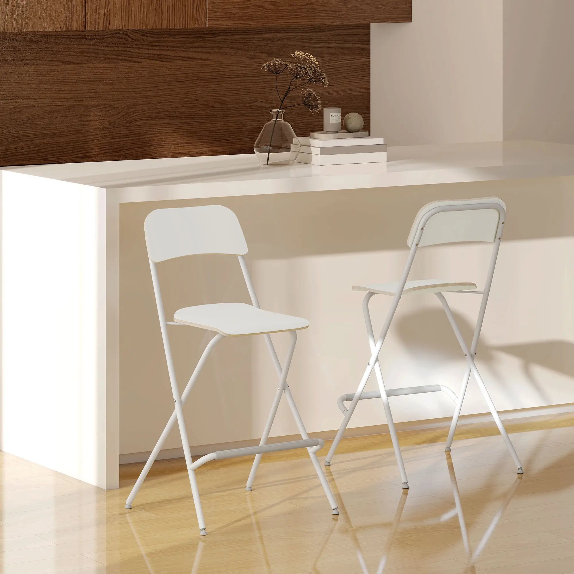 Folding Bar Stools Set of 2, Counter Height, Wooden Effect Seat, Steel Frame, White Bar Stools at Gallery Canada