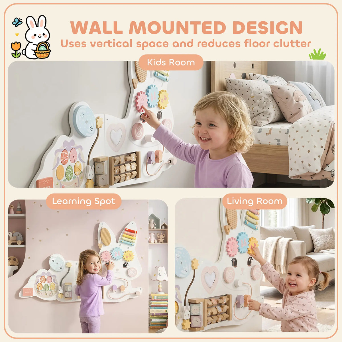 Easter Bunny Busy Board, Wall-Mounted Montessori Toy, White