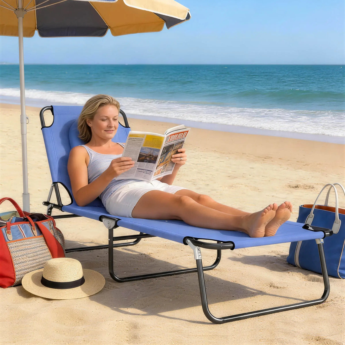 Adjustable Outdoor Lounge Chair, Folding Chaise with Face Hole, Blue