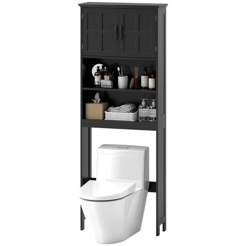 Modern Over Toilet Storage, Bathroom Cabinet with Shelves, Double Door, Black