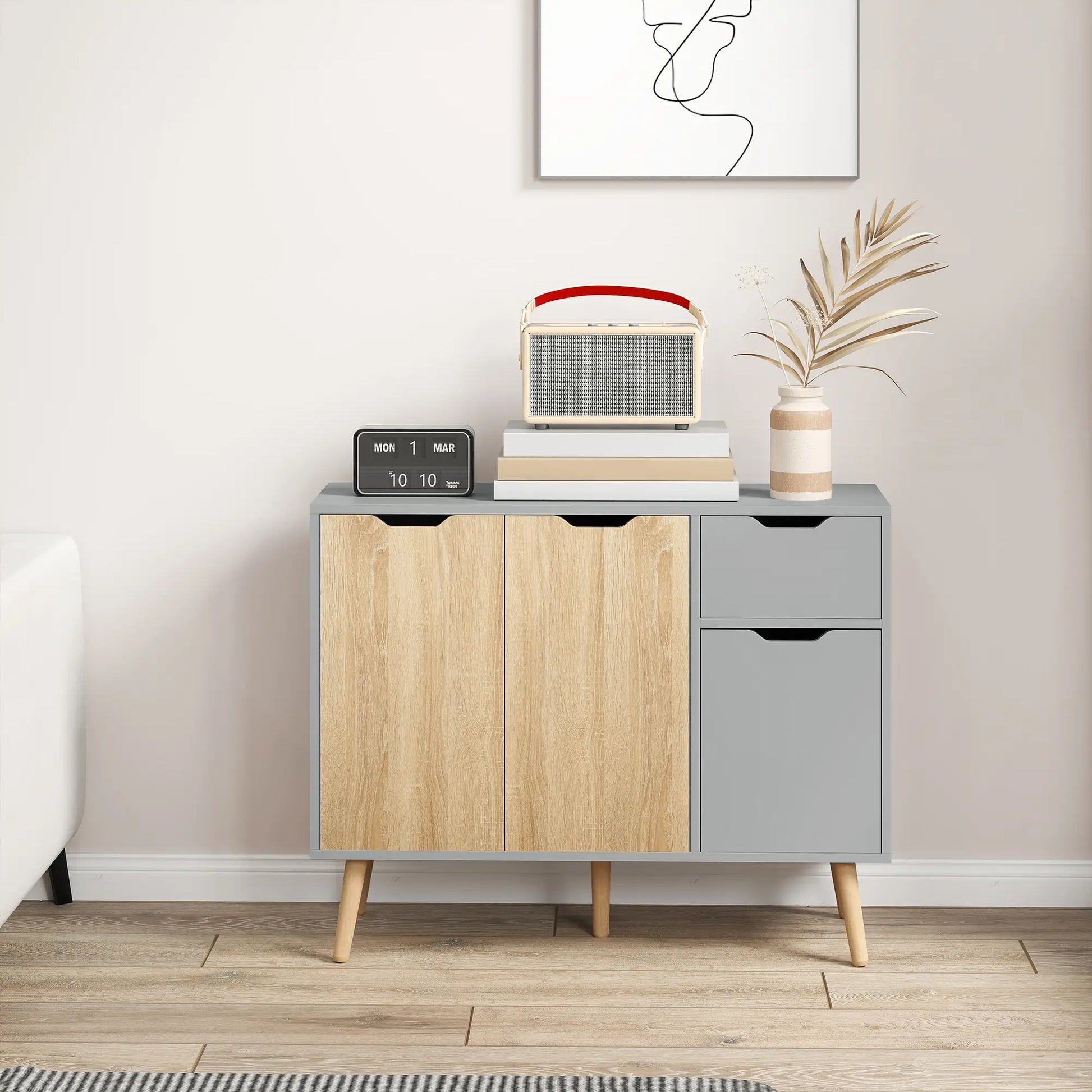 35" Sideboard Storage Cabinet, Nature Wood, Grey Bar Cabinets at Gallery Canada